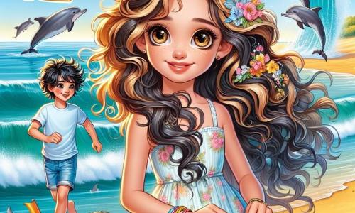 Una ragazza di 12 anni, Letizia, con lunghi capelli ricci castani e riflessi dorati, sorride con occhi scintillanti di eccitazione. Indossa un vestito leggero a fiori e tiene in mano una piccola barchetta di carta colorata, simbolo del suo compleanno. Accanto a lei, un ragazzo di 12 anni, Giò, con capelli neri e disordinati, sorride maliziosamente, vestito con una maglietta blu e pantaloni corti, vicino a una vecchia barca a remi sulla spiaggia. Sullo sfondo, una spiaggia di sabbia dorata si estende sotto un cielo blu splendente, mentre onde dolci lambiscono la riva. La scena mostra Letizia e Giò, meravigliati, che osservano delfini saltare gioiosamente nell'acqua, creando un'atmosfera magica e festosa, piena di gioia e amicizia.