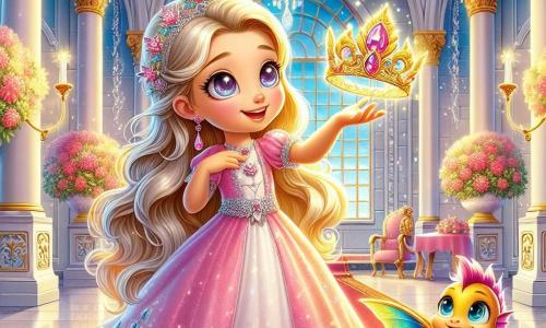 Princess Lila, a young girl with long golden hair and sparkling curious eyes, stands at the center of the scene, a wondrous smile illuminating her face. She wears a shimmering pastel pink dress adorned with embroidered flowers and reaches out toward a magical crown glowing with golden light. Beside her, Ember, a small dragon with multicolored scales, joyfully flies around her, its translucent wings capturing the sunlight. The setting is the majestic Moon Castle hall, with sparkling white marble walls and large windows letting in silver moonbeams. Crystal chandeliers hang from the ceiling, casting light throughout the room, while a sumptuous red carpet stretches beneath their feet. The main focus shows Lila discovering the enchanted crown, her face radiating excitement and determination. The magic of the moment is palpable, and the air is filled with a soft golden glow, symbolizing hope and the promise of a bright future for her kingdom.