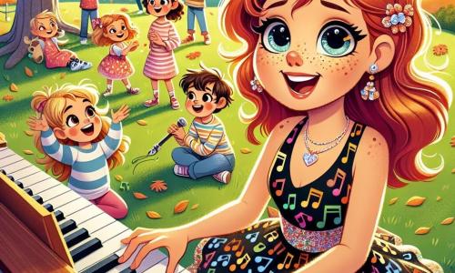In the center of the image, Melody Bright, a young woman with vibrant hair and sparkling eyes, is sitting on a wooden piano, her fingers dancing over the black and white keys. She wears a colorful dress adorned with musical notes, and her radiant smile reflects her enthusiasm as she composes a new melody. Beside her, a group of children is gathered: an 8-year-old boy with messy brown hair holding a stick like a microphone and singing energetically; a 7-year-old girl with golden curls dancing joyfully; and a 9-year-old boy in a striped t-shirt clapping with a big smile. They are all sitting on the green grass, surrounded by softly falling golden autumn leaves. The setting is a sunny park, with a majestic oak tree in the background, its branches extending like welcoming arms. Children are playing around, and families are strolling, creating a vibrant and joyful atmosphere. The main scene shows Melody and the children creating a song together, their faces illuminated by the excitement of the moment, while a gentle breeze makes the leaves dance around them, adding to the magic of this shared musical moment.