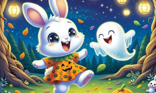 Într-o poiană fermecată, un iepuraș pe nume Momo, cu blana albă strălucitoare și urechi mari, poartă un costum de Halloween portocaliu aprins decorat cu modele de dovleci. Zâmbește larg, plin de bucurie și curiozitate, dansând vesel printre frunzele colorate. Lângă el, o fantomă prietenoasă, plutind ușor, are un aspect translucid cu ochi rotunzi și sclipitori. Râde cu voie bună, încurajându-l pe Momo să se distreze în continuare. Poiana este luminată de felinare strălucitoare suspendate în crengile copacilor, creând o atmosferă magică. Copacii cu trunchiuri noduroase înconjoară spațiul, iar stelele strălucesc pe un cer nocturn adânc. Situația principală arată cum Momo și fantoma participă la o competiție veselă de râs, înconjurați de animale din pădure care îi privesc cu uimire, toți pregătiți să se alăture petrecerii.