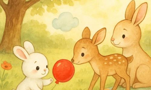 Ein kleiner weißer, flauschiger Hase mit runden Ohren und großen glänzenden Augen sitzt schüchtern und erleichtert und reicht eine Pfote zu einem roten, glänzenden Ballon; ein Reh namens Lilli mit beigeflecktem Fell lächelt sanft und stößt den Ballon zu ihm, während die größere Mutter mit cremefarbenem Fell zärtlich lächelnd auf einer gestreiften Decke unter einer Eiche sitzt und zuschaut; Szene: sonnige Waldlichtung mit grünem Gras, Gänseblümchen und Mohn, goldenes Licht durch runde Blätter; der Ballon rollt langsam, die Gesichter zeigen Wärme und Versöhnung, über dem Hasen schwebt eine pastellfarbene Wolke als Symbol beruhigender Gefühle; Stil: sanfte Aquarelle, feine Konturen, warme Pastellpalette, klare, kindgerechte Gesichtsausdrücke.