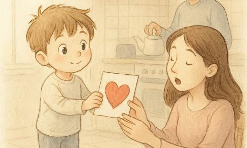 A 4-year-old boy with a round face and messy light brown hair, big bright eyes and a gentle proud expression stands on tiptoe in mismatched duck socks, holding a hand-drawn uneven red heart card trembling toward his mother; the father, about 35 with short dark hair and a warm reserved look, pours tea by the stove in the background, while the mother, about 32 with long brown hair, sits near the table half-awake and surprised as she opens the card; a soft morning-lit kitchen with pale wood table, ceramic cups, a small check napkin, tiled floor, scattered toys, and a pastel, low-contrast palette frames the tender suspended moment of the boy's small brave gesture and loving gaze.