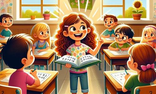 Clara, uma menina de 10 anos com cabelos castanhos cacheados, usa uma camiseta colorida e jeans. Ela sorri amplamente, com os olhos brilhando de excitação, enquanto segura um livro de matemática aberto, cercada por seus amigos. Ao seu lado, Luísa, uma menina de 10 anos com cabelos longos e lisos, veste um vestido florido e observa Clara atentamente, pronta para ajudar com um problema de matemática. Pedro, um garoto de 10 anos com cabelos curtos e castanhos, está sentado à frente deles, com um olhar concentrado e um lápis na mão, pronto para anotar. A cena acontece em uma sala de aula iluminada, com paredes decoradas com desenhos coloridos e cartazes educativos. Janelas deixam entrar a luz do sol, iluminando as mesas de madeira onde as crianças estão sentadas. Clara explica com entusiasmo uma dica matemática a seus amigos, enquanto eles riem e trocam ideias, criando uma atmosfera alegre e colaborativa.