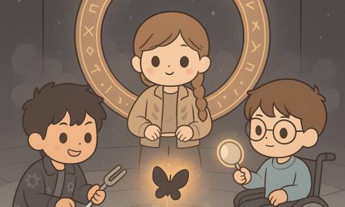 There are three children around a shadow-knot near a floating rune-ring inside a circular antimatter tower room: Mina, ~11, light-brown braided hair, round face and curious eyes, wearing a simple outfit with a light feather-patterned jacket, stands center holding a small silver tuning fork and focuses on the floating ring; Jayden, ~12, tan skin and messy black hair, a strained mischievous smile, squats left wrapping a glowing metal cable around the shadow-knot while wearing a jacket with gear motifs; Theo, ~12, short brown hair and round glasses in a sleek wheelchair to the right, holds a bright lens to his eye to direct a precise beam along light strands. The room has numbered floating floor panels, polished dark obsidian-like walls, a huge floating metallic rune-ring above a black shimmering pool, thin silver mist and small star-like lights; together the children retune the shadow creature—Mina strikes a clear note, Jayden guides the cable, Theo focuses the light—and the shadow softens into a small dark butterfly while the ring emits a warm, colorful halo.