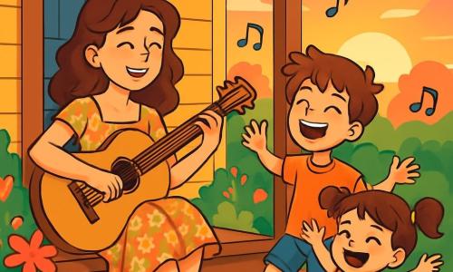 Clara, a young woman with wavy brown hair, sits on the porch of her charming wooden house, a radiant smile lighting up her face. She wears a light floral dress and holds her guitar, Melody, close to her, her eyes shining with excitement and passion for music. Next to her, Max, a 10-year-old boy with tousled hair and a wide smile, dances joyfully, arms raised towards the sky as if trying to touch the clouds. His sister, Lily, an 8-year-old girl with pigtails and a colorful dress, stands nearby, laughing and singing made-up lyrics, her eyes sparkling with mischief. The porch is surrounded by vibrant flowers and lush greenery, and in the background, the sun sets, casting golden and pink hues across the sky. The scene depicts Clara and the children creating a joyful melody, filled with laughter and creativity, capturing the spirit of friendship and music that unites them.
