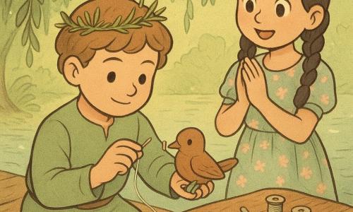 A young prince (boy) with a round face and calm smile, light chestnut slightly curly hair, wearing a small crown of grass and a simple sage-green tunic, kneels on a wooden plank at the edge of a dock, focused and determined, carefully holding a wooden toy bird with a tiny shiny bell. A girl named Mira (about 7), with black braided hair, a pastel floral dress and wide, wondrous eyes, stands beside him, gently applauding with hands clasped to her chest as she watches the repaired bird. The scene is an atelier beneath a weeping willow with drooping branches, green light filtering through leaves, a polished bark table with small silver tools and spools of silver thread nearby, a slatted wooden dock over silvery water with dew on the leaves; the prince stitches the tiny bell into the bird’s belly with a fine needle and silver thread while the girl sings softly, in a gentle, warm pastel atmosphere with visible textures of wood, fabric and willow fibers.