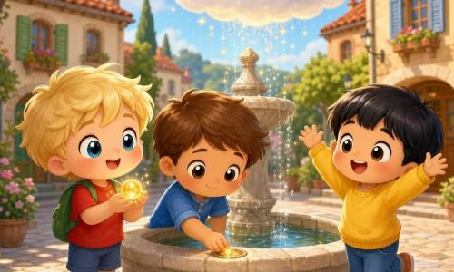 Three boys about four years old stand in a cozy village square with red‑roofed houses and pastel shutters: Finn, round‑faced with tousled blond hair, bright eyes, wearing a red T‑shirt and small green backpack, stands left delicately holding a small golden Sun‑Drop Pearl; Leo, slightly tanned with short brown hair and a calm look in a blue shirt, stands center gently placing the pearl into the circular slot of the light stone fountain; Max, cheerful with straight black hair, a wide smile and a yellow sweater, stands right on tiptoe, hands raised in excitement. The pearl is small, round and glowing warm with tiny sparks; a fluffy cloud above the fountain begins to glitter and sprinkle fine, glittering drops; the scene has soft late‑morning light, flowered gardens and round‑leaf trees in the background, tender, amazed expressions, a bright pastel palette, rounded shapes and a magical, safe atmosphere.