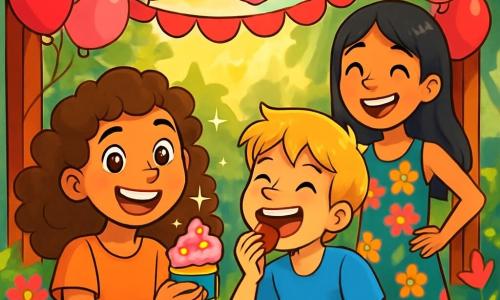 A 12-year-old girl with curly brown hair and sparkling joyful eyes is sitting at a wooden table under a gazebo decorated with pink and red balloons. She is smiling widely, holding a colorful cupcake in her hand, surrounded by shimmering glitter. Next to her, an 11-year-old boy with messy blonde hair and a blue t-shirt is laughing as he takes a bite of his cake. Another character, a 12-year-old girl with straight black hair wearing a floral dress, stands in front of them with her hands on her hips, showing a big conspiratorial smile. The gazebo is surrounded by lush greenery, colorful flowers, and sunlight filtering through the leaves, creating a warm and cheerful atmosphere. The scene conveys a festive and friendly spirit where the three friends celebrate their friendship with laughter and treats, illustrating the essence of Valentine's Day.