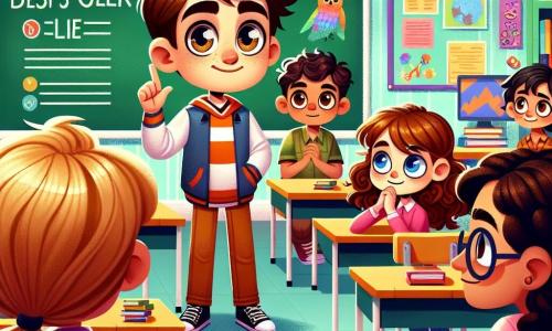 Em uma sala de aula colorida, Miguel, um garoto de 10 anos com cabelos castanhos e olhos brilhantes, está no centro, parecendo um pouco nervoso, com uma mão levantada para chamar a atenção dos amigos. À sua direita, Clara, uma menina de 9 anos com longos cabelos loiros e um vestido rosa, o observa com curiosidade, pronta para ouvir. À esquerda, Ana, uma menina de 10 anos com cabelos cacheados e óculos, cruza os braços, exibindo uma expressão de intriga e expectativa. A sala é decorada com desenhos coloridos nas paredes, com mesas de madeira e cadeiras vibrantes. Um grande quadro negro está ao fundo, onde se vê palavras escritas com giz. A cena principal mostra Miguel, visivelmente ansioso, explicando aos amigos que mentiu sobre um videogame que alegava ter ganhado, enquanto seus colegas o ouvem atentamente, com expressões que variam de surpresa a compreensão.