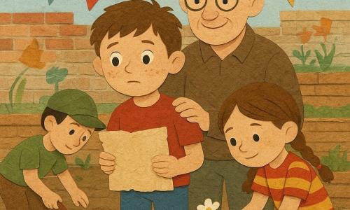 An emotional, determined 8-year-old boy with a round, freckled face, short chestnut hair and bright eyes stands in the foreground holding a large parchment map and a blue watering can; a kindly smiling elderly man (~70) with messy gray hair and round glasses stands slightly behind with a hand on the boy’s shoulder; a 7-year-old girl in a red-and-yellow striped dress with braided hair crouches to the right planting a small flower in a planter made from reused sandbags; a 9-year-old boy wearing an olive cap picks up a small rusty metal trowel and digs near a cracked wooden bench to the left; the setting is a downtown community garden after a conflict—dirt paths, weathered wooden beds, sandbag planters, brick walls brightened by naive murals, torn flags sewn into garlands and a clear sky with paper-cut clouds; theme: reconstruction and peace—children planting flowers together to repair the city, cooperative gestures, hopeful gentle expressions, warm colors and layered paper textures, optimistic calm atmosphere.