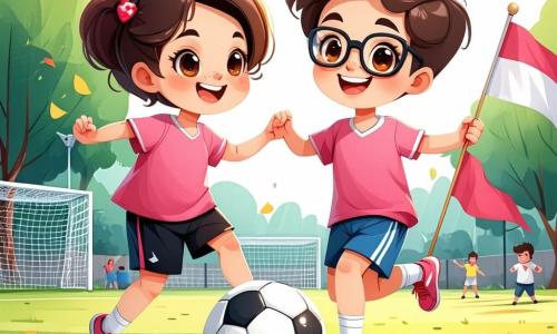 Clara, ein 11-jähriges Mädchen mit kurzen, lockigen Haaren, trägt ein leuchtend pinkes Fußballtrikot und schwarze Shorts. Sie ist voller Energie und Entschlossenheit, lächelt breit und dribbelt den Ball geschickt auf dem Feld. Neben ihr ermutigt Leo, ihr bester Freund, der 11 Jahre alt ist, mit braunen Haaren und Brille, sie mit einem großen Lächeln und hält eine Fahne ihres Teams. Er trägt ein blaues T-Shirt und Shorts. Die Kulisse ist ein grünes Fußballfeld, umgeben von begeisterten Zuschauern, mit Bäumen im Hintergrund und einem blauen Himmel, der mit weißen Wolken übersät ist. Die Szene zeigt Clara in Aktion, wie sie leidenschaftlich den Ball während eines wichtigen Spiels dribbelt, während ihre Freunde sie anfeuern und eine Atmosphäre von Kameradschaft und Freude schaffen.