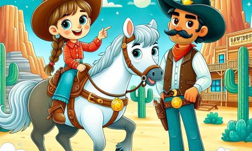 Cowgirl Clara, a smiling girl with a large cowboy hat and leather boots, is sitting on her mare Daisy, a beautiful white horse with a wavy mane. Clara has brown hair in a braid and her eyes sparkle with excitement. Next to her, Sheriff Sam, a man in his thirties with a thick mustache and a shiny badge, rides a black horse. He looks at Clara with a serious expression, pointing towards the saloon in the distance. The setting is an outdoor cowboy camp, surrounded by large mountains and green cacti, with a bright blue sky and shining sun. The main scene shows Clara and Sam ready to embark on an adventure, with clouds of dust rising under the horses' hooves as they head towards the mysterious saloon.