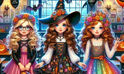 Na środku obrazu trzy dziewczynki w wieku 10 lat, Ania, Kasia i Zosia, stoją razem, każda w kostiumie Halloweenowym. Ania, z długimi brązowymi włosami i okularami, przebrana jest za czarownicę z dużym czarnym kapeluszem i sukienką z falbanami. Po jej lewej stronie Kasia, z blond kręconymi włosami, jest ubrana za wampira w czerwoną pelerynę i ostre zęby. Po prawej stronie Zosia, z kasztanowymi włosami i kwiatową koroną, przebrana jest za wróżkę w błyszczącej sukience i kolorowych skrzydłach. Otaczają je dekoracje Halloweenowe, takie jak pajęczyny i straszące dynie. Tło to klasa przekształcona na Halloween, z ścianami pokrytymi rysunkami duchów i potworów, unoszącymi się czarnymi i pomarańczowymi balonami oraz przyciemnionym światłem, które tworzy tajemniczą atmosferę. Dziewczynki odkrywają stary magiczny książkę na drewnianym stole, ich twarze oświetlone są ciekawością i ekscytacją. Ania trzyma otwartą książkę, podczas gdy Kasia i Zosia pochylają się do przodu, zafascynowane ilustracjami zaklęć i magicznych stworzeń.