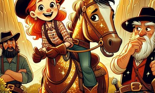 Daisy, een jonge cowgirl van ongeveer 10 jaar, staat trots op haar paard Rusty, een prachtige pony met een vurig manen. Ze draagt een brede cowboyhoed, een geruite blouse en leren laarzen, haar gezicht straalt van opwinding en vastberadenheid terwijl ze een fonkelader goud ontdekt in het zonlicht. In de buurt kijkt een groep bandieten, drie mannen van middelbare leeftijd, naar Daisy met uitdrukkingen van verbazing en bewondering. De eerste, een lange man met een rode baard, houdt een pickel vast en lijkt aarzelend, terwijl de tweede, een stevige man met een zwarte hoed, zijn armen over elkaar heeft met een amusante glimlach. De derde, een slanke man met lang haar, kijkt nieuwsgierig naar Daisy, geïntrigeerd door haar moed. De scène speelt zich af in de majestueuze gouden bergen, waar steile rotsen en groene bomen een klein beekje omringen dat onder de zon schittert. Kleurrijke wilde bloemen bedekken de grond en voegen een vleugje magie toe aan de omgeving. Daisy, vol moed, stelt de bandieten voor om samen te werken om meer goud te vinden, en transformeert een potentieel gevaarlijke ontmoeting in een onverwachte samenwerking terwijl ze hen naar de verborgen schat leidt.