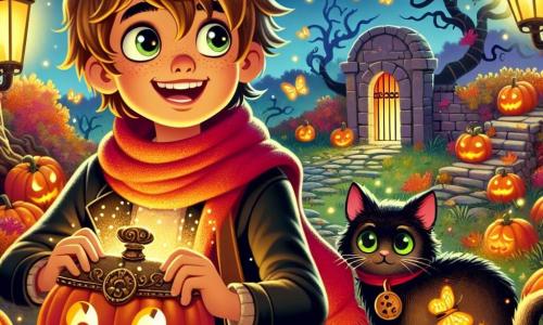 Een 10-jarig jongetje, genaamd Bram, staat in het midden van een Halloween-nacht, met nieuwsgierige ogen en een verwonderde glimlach. Hij draagt een grote rode sjaal en houdt een oude koperen lantaarn in zijn handen, die zijn gezicht verlicht met blosjes van opwinding. Naast hem zit een zwarte kat met sprankelende groene ogen op een muurtje, alsof hij een geheim weet. Op de achtergrond is een mysterieuze park vol met bomen met kromme takken, waarvan de gouden bladeren zachtjes op de grond vallen, terwijl oranje lampionnen en grijnzende pompoenen het pad verlichten. In deze scène ontdekt Bram een magische deur in een grote eik, klaar om deze te openen met een sleutel versierd met een kleine pompoen, terwijl vuurvliegjes om hem heen dansen en een betoverende en mysterieuze sfeer creëren.