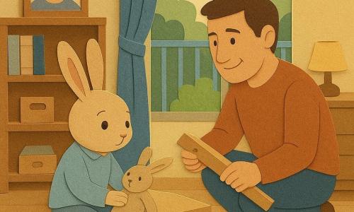 O personagem principal é um pequeno coelho antropomórfico de orelhas longas e pelo bege claro, olhar pensativo e suavemente reconfortado, sentado num quadrado de luz no chão enquanto coloca um doudou de tecido gasto (Nabo) numa mesinha; o pai, homem humano de cabelo castanho curto e rosto afetuoso com sorriso terno e ligeira tristeza, está agachado ao lado de um móvel em kit segurando uma prancha e um parafuso, olhando o coelho com orgulho contido; a mãe está ausente fisicamente e evocada por uma foto emoldurada na estante (cabelos presos, olhar caloroso) entre livros; o espaço é um pequeno apartamento luminoso com chão de madeira clara, janela com varanda e vista para um jardim, estante parcialmente montada, abajur aceso, cortinas leves e manta dobrada, texturas de papel recortado com bordas rasgadas e sombras; a cena mostra o filho montando seu 