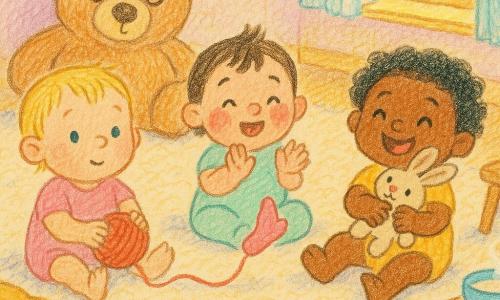 Er zijn vier figuren: Mia, meisje, 1 jaar, kort blond haar, links zittend op een zacht tapijt met een rood bolletje wol dat naar het midden rolt; Lina, meisje, 1 jaar, bruin plukjes haar, in het midden, klapt in haar handen en kijkt naar een sok die kietelt; Zoë, meisje, 1 jaar, krullend zwart haar, rechts zittend, lacht breed en houdt een beige konijnenknuffel tegen zich aan; de grote knuffel, lichtbruine teddybeer, ligt iets achter de baby's te slapen met een grote ronde neus en een scheef oog. Plaats: een zachte, lichte kamer met een groot crème wollen tapijt, een opgevouwen mosterdkleurige deken, een lage tafel met een houten lepel en een kom dampende melk, en een open raam waar een gouden zonnestraal binnenvalt. Situatie: drie baby's spelen rustig rond een rollend bolletje wol, een sok zorgt voor gelach, de grote knuffel slaapt ernaast, zonlicht overspoelt de scène, warme kalme sfeer, eenvoudige potloodlijnen, pasteltinten en zichtbare wol- en stoftexturen.