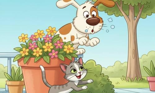 Benny is a cheerful, mischievous dog with a round muzzle, light brown coat with white spots, floppy ears and bright eyes; he looks surprised and sneezes "achoo" while leaning behind a large terracotta flowerpot, Lucy is a slim gray-and-white kitten with mischievous green eyes and a raised tail who laughs and jumps out of a bush beside a small tree in front of the pot, looking at Benny, the sunny porch has pale blue painted wooden slats, colorful flowerpots, green grass and a beige-trunk tree with warm light and soft shadows, main scene: a playful hide-and-seek moment—Benny awkwardly hides behind the pot and sneezes while Lucy discovers him laughing, lighthearted mood, vivid colors and soft rounded lines