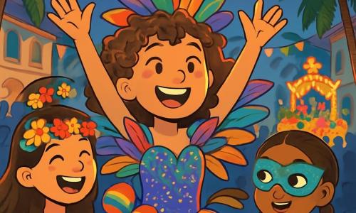 Una ragazza di 12 anni, di nome Giada, con capelli ricci e disordinati, indossa un costume di carnevale brillante, decorato con piume multicolori e paillettes scintillanti. Ha occhi pieni di gioia e un ampio sorriso che illumina il suo viso. Danza con entusiasmo in mezzo a una folla festosa, con le braccia alzate verso il cielo. Accanto a lei, Lila, un'altra ragazza di 12 anni, con capelli lunghi e lisci, indossa una corona di fiori colorati. Ride agitando delle maracas, contribuendo all'atmosfera festiva. Suri, sempre di 12 anni, con trecce e una maschera brillante, sta un po' indietro, affascinata dai costumi sgargianti che la circondano. Il luogo è una piazza centrale di un'isola tropicale, decorata con festoni colorati e lanterne scintillanti. Le palme ondeggiano dolcemente al ritmo della musica, mentre un grande carro di carnevale, decorato con fiori e luci, sfilano in lontananza. La scena principale mostra Giada e le sue amiche che si divertono nel cuore del carnevale, circondate da risate, musica e colori vivaci, celebrando l'amicizia e la gioia di vivere in un'atmosfera magica e festiva.
