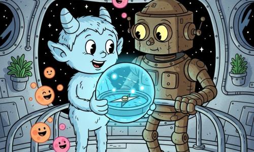 Il protagonista è un piccolo folletto extraterrestre di cometa dal viso rotondo e corna morbide come gommapiuma, corpo snello coperto di pelliccia azzurro pallido scintillante, gioioso e meravigliato, occhi grandi e luminosi, che tiene una grande bussola sferica che emette una luce blu elettrico; personaggio secondario: un antico robot guardiano retrò in metallo brunito, occhi-lampada gialli, espressione calma e curiosa, accanto al folletto con una mano su una ringhiera; creature di luce facoltative, piccole sfere luminose arancioni e rosa, fluttuano ridendo silenziosamente; ambientazione: interno di una stazione spaziale anulare in argento lucido con oblò sul cielo stellato, pannelli solari e tubature curve, pavimenti metallici riflettenti e piante fluorescenti attaccate alle pareti; situazione: il folletto attiva la bussola che proietta una mappa olografica blu con tre punti luminosi, atmosfera di meraviglia e avventura, illuminazione contrastata con bagliore della bussola sui volti e riflessi metallici, composizione centrata sulla bussola aperta e gli sguardi rivolti verso di essa.
