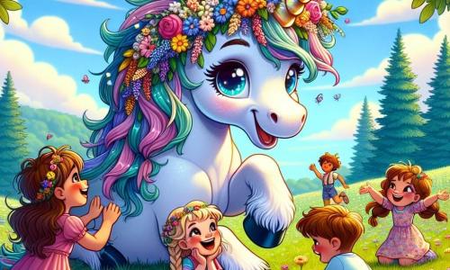 O unicornă curioasă numită Lili, cu o splendidă coroană de flori colorate și un corn strălucitor în culorile curcubeului, sare veselă în mijlocul unui grup de copii. Lili are ochi strălucitori de fericire și un zâmbet larg, exprimându-și bucuria de a fi găsit noi prieteni. Printre copii, un băiat de 7 ani, cu părul brun și un tricou albastru, râde încercând să se cațere pe spatele lui Lili. O fetiță de 6 ani, cu împletituri lungi blonde și o rochie roz, stă pe iarbă, decorând coroana lui Lili cu flori sălbatice, fascinată de frumusețea ei. Scena se desfășoară într-un câmp verde splendid, presărat cu flori strălucitoare sub un cer albastru, cu copaci măreți în fundal. Razele soarelui luminează peisajul, creând o atmosferă veselă și magică. Situația principală arată cum Lili și copiii se distrează împreună, râzând și jucându-se, în timp ce Lili face o piruetă grațioasă, făcându-și cornul să strălucească sub soare, iar copiii o înconjoară cu zâmbete radiante, sărbătorind noua lor prietenie.