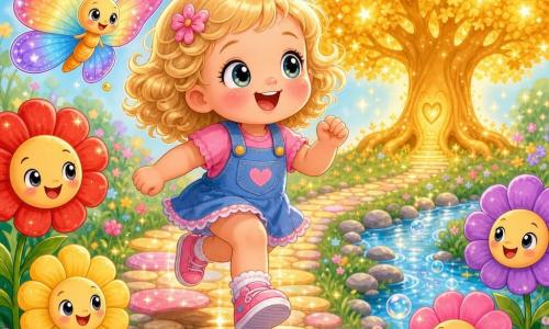 A chibi kawaii 2-year-old girl with a round face, short curly blond hair, big bright eyes and an amazed smile jumps along a sparkling stone path toward a golden tree with star-like leaves; Benny the butterfly with wide translucent rainbow wings hovers above her shoulder, colorful smiling talking flowers line the path, and a clear stream with round stones and shiny bubbles runs between her and the tree, all in warm, luminous pastel colors, soft shiny textures, centered composition, joyful confident expression suitable for toddlers.