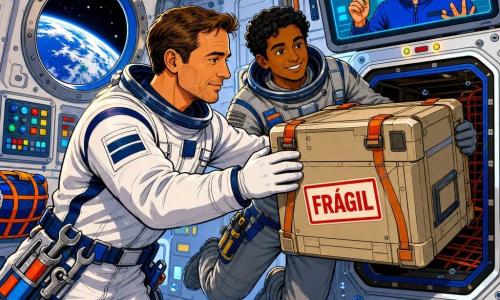 Um homem adulto (Miguel, cerca de 40 anos), rosto sereno e concentrado, cabelo curto castanho, traje espacial branco com faixa azul-marinho, flutua em posição ereta e coloca delicadamente uma grande caixa etiquetada FRÁGIL num compartimento de carga; outro homem adulto (Ravi, cerca de 35 anos), sorridente e atento, pele morena, cabelo preto e encaracolado, traje espacial cinza, segura a caixa do outro lado e orienta a manobra à distância, ligeiramente atrás e à direita de Miguel; uma mulher (Joana, 45 anos) aparece ao fundo numa tela iluminada de controle, cabelo preso, expressão calma e encorajadora, dando instruções por videoconferência. Interior de estação espacial com paredes metálicas claras, painéis com botões coloridos, redes e cintas laranja, luzes LED frias e escotilhas redondas mostrando a Terra azul e branca ao fundo. Cena principal: dois astronautas manuseando com cuidado uma carga frágil, movimentos lentos e precisos, bolhas de água flutuando, ferramentas leves presas aos cintos, ambiente ordenado e profissional. Paleta de cores vivas e contrastantes, contornos grossos, sombras planas, texturas metálicas brilhantes e detalhes infantis para tornar a cena acolhedora e acessível.