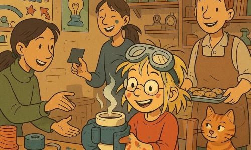 Mina, about 9, smiling and focused with safety goggles on her forehead, messy hair and paint-speckled fingers, holds a steaming mug wrapped in a fabric strap with a non-slip patch and an attached mitten; Jo, ~35, short hair and a pocketed apron, stands behind Mina on the right offering a tray of cookies, smiling; Nia, ~28, hair tied back, stands left of Mina holding a small rubber sheet and reaching to help; Zed, ~16, long hair and a blue paint smudge on his cheek, watches and chuckles in the background holding a paintbrush; Mr. Wobbles, a plump tabby cat, sits on Mina’s chair with tail curled and half-closed eyes; the warm interior of Mix-Up Hall features a large wooden table cluttered with notebooks, spools, Velcro, fabric rolls, tools and paint stains, hanging lamps casting soft shadows, colorful posters and shelves of odd objects; Mina proudly tests her 