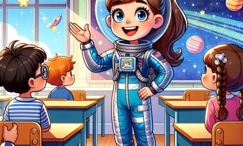 Un'astronauta sorridente, Sofia, è al centro dell'immagine, indossando una tuta spaziale blu brillante con il logo della NASA. Ha i capelli castani raccolti in una coda di cavallo e occhi scintillanti di entusiasmo. Sofia racconta storie ai bambini, gesticolando con entusiasmo, mentre uno sfondo stellato brilla dietro di lei. A destra, un ragazzo di 8 anni di nome Luca, con occhiali rotondi e capelli ricci, la ascolta attentamente, con gli occhi spalancati per la curiosità. A sinistra, una ragazza di 7 anni di nome Maria, con trecce e un sorriso radioso, alza la mano per fare una domanda, piena di entusiasmo. Il decor è un'aula colorata, con poster di pianeti e stelle appesi alle pareti. La situazione principale mostra Sofia che condivide le sue avventure nello spazio con i bambini, ispirandoli a sognare in grande e a immaginare i propri viaggi interstellari.