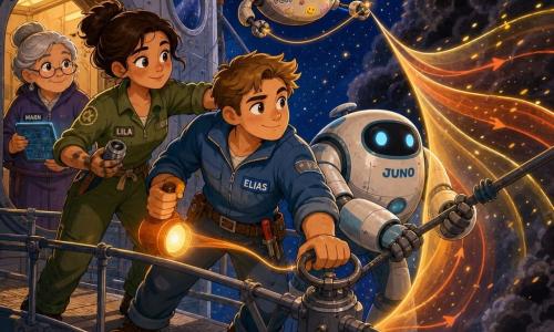 A brave, expressive young man Elias (about 25) with a round face, a light-brown forelock, a soft blue jacket and a belt with a small screwdriver holds a small orange lamp while turning a valve, focused and reassuring; behind him Lila (about 30), a mechanic with tied-back hair and grease-stained fingers in an olive coverall, guides him holding a metal part; Marn (about 60), an elderly woman with gray hair in a bun and gentle eyes, watches from the airlock holding a glowing tablet, calm and protective; the round robot Juno, white with pale-blue accents and articulated arms, stabilizes a cable beside Elias with a soft LED 