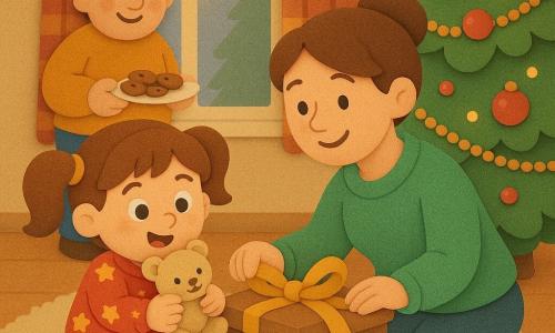 Uma menina de 4 anos, alegre e meiga, cabelos castanhos em duas tranças, olhos grandes e brilhantes, veste pijama vermelho com estrelas, segura um ursinho bege e o coloca delicadamente numa caixa de papelão. A mãe, cerca de 30 anos, com cabelo preso em coque e suéter verde, ajoelhada ao lado, fecha a caixa com uma fita dourada e olha para a menina com ternura. Ao fundo, o pai, cerca de 35 anos, de pé junto à árvore de Natal segurando um prato de biscoitos. Sala acolhedora com grande árvore decorada com bolas vermelhas, guirlandas douradas e luzes cintilantes, tapete macio e cortinas xadrez. A menina escolhe e embala brinquedos para doar; a caixa está parcialmente cheia de bonecas, carrinhos e um pequeno trem de madeira. Atmosfera suave, luz quente amarelada, texturas espessas e mates tipo espuma EVA, cores vivas, formas simples e contornos arredondados, expressões claras e tranquilizadoras.