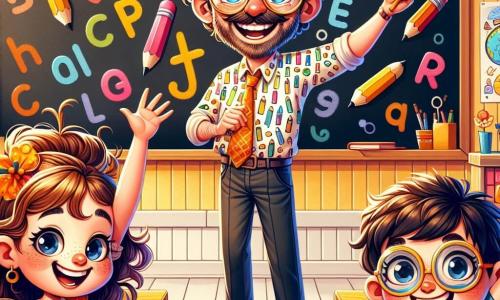 O personagem principal é um homem, o professor João, que tem um sorriso caloroso e óculos redondos. Ele tem cabelos castanhos levemente desgrenhados e usa uma camisa colorida com estampas de lápis. Ele está em frente a um quadro negro, desenhando letras com grande entusiasmo, com os braços abertos para encorajar seus alunos. Ao lado dele está Ana, uma menina de 8 anos com cabelos longos e cacheados, vestindo um vestido florido. Ela olha para o quadro com olhos brilhantes de excitação, segurando um lápis na mão, pronta para escrever. Um pouco mais longe, Pedro, um menino de 9 anos com óculos e uma camiseta listrada, levanta a mão com um grande sorriso, ansioso para compartilhar seu sonho de se tornar astronauta. A cena acontece em uma sala de aula iluminada, com paredes amarelas e cartazes coloridos sobre o aprendizado de letras e números. As mesas de madeira estão dispostas em fileiras, e livros e brinquedos estão espalhados nas prateleiras. A situação principal mostra o professor João ensinando com paixão, enquanto Ana e Pedro se envolvem ativamente na aprendizagem, criando uma atmosfera alegre e dinâmica na sala de aula.