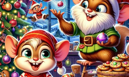 Um pequeno roedor chamado Pimpão, com orelhas pontudas e pelagem marrom suave, está rindo alto, com os olhos brilhando de travessura, enquanto jongla com pequenas bolas de Natal coloridas. Ao seu lado, um duende travesso, com um chapéu vermelho vivo e uma barba branca desordenada, sorri maliciosamente, pendurado em um lustre, lançando purpurina pelo ar. A cena acontece em uma aconchegante cozinha de Natal, decorada com guirlandas luminosas, uma grande mesa de madeira cheia de biscoitos de gengibre e uma linda árvore iluminada, repleta de decorações brilhantes. Pimpão e o duende travesso estão se preparando para a festa, cercados de risos e caos alegre, com farinha voando no ar e biscoitos saindo do forno, criando uma atmosfera festiva e encantada.