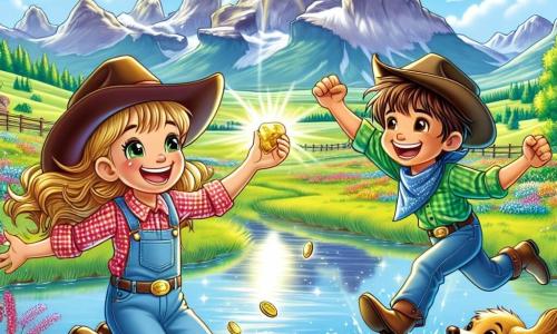 Lila, o tânără cowgirl de 10 ani, se află în centrul imaginii, cu părul ondulat și auriu, purtând o pălărie de cowboy și o cămașă în carouri roșii. Zâmbește larg, ținând în mână o mică pepită de aur strălucitoare. Alături de ea, Jake, un băiat de 11 ani cu părul brun și un bandană albastră la gât, sare de bucurie cu brațele ridicate, având un chip radiant de fericire. Daisy, o cățelușă cu blană aurie, aleargă în jurul lor, lătrând vesel, adăugând dinamică scenei. Fundalul este o vastă pajiște verde, înconjurată de munți măreți sub un cer albastru deschis, cu câteva nori albi. Flori colorate răsar ici și colo, iar un pârâu cristalin curge lin în apropiere, reflectând lumina soarelui. Situația principală arată cum Lila și Jake, după ce au descoperit o pepită de aur, sărbătoresc succesul împreună, înconjurați de frumusețea naturii, ilustrând spiritul de aventură și prietenie care îi unește.
