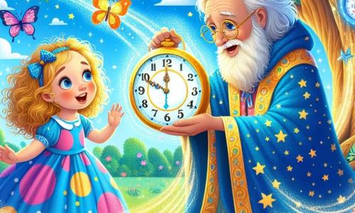 În centrul imaginii, o fetiță de 4 ani, Maria, cu părul creț și auriu, poartă o rochie colorată cu buline. Fața ei exprimă mare curiozitate și uimire în timp ce ține un ceasornic magic în mâini, înconjurată de o lumină strălucitoare. Lângă ea, Domnul Timp, un bărbat în vârstă cu o barbă lungă și albă și ochelari rotunzi, poartă o tunică albastră împodobită cu stele. El zâmbește călduros Mariei, arătându-i drumul spre o aventură incredibilă. Decorul este un parc verde, cu un copac mare și măreț și un cer albastru presărat cu nori pufoși. Flori colorate și fluturi dansează în jurul lor, adăugând o notă de magie scenei. Maria, fascinată, este pregătită să acționeze ceasornicul magic pentru a călători în timp, în timp ce Domnul Timp o încurajează cu un zâmbet binevoitor, creând o atmosferă de excitație și mister.