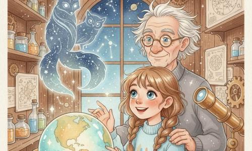 O fată de 8 ani, uimită și zâmbitoare, păr șaten deschis împletit, poartă un pulover bleu pătat de vopsea și ține delicat un mare glob de cristal care emană o strălucire turcoaz și aurie; deasupra globului plutește un spirit stelar translucid în formă de vulpe sau bufniță din filamente luminoase argintii și bleumarin; în spate, bunicul de circa 65 de ani, cu fața brăzdată de riduri, păr alb zburlit și ochelari rotunzi, o privește mândru cu o mână pe umărul ei, într-o mică cameră-secretă de observator din lemn cu angrenaje de alamă, hărți stelare și sticle strălucitoare, iar globul activat eliberează scântei și mini-planete în acuarelă, creând o atmosferă magică și curioasă.