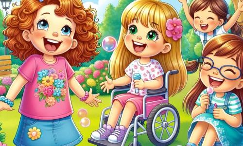 Four girls, aged 8 to 10, are in a sunny park. Mia, with curly golden hair, wears a pink t-shirt and denim shorts, laughing with her arms raised and a big smile. Zoe, with round glasses and brown hair in pigtails, sits on the grass, hands on her cheeks, giggling after popping a big bubble on her face. Lucy, a smiling girl in a wheelchair with brown hair and a blue t-shirt, holds a piece of gum and shows a big smile, ready for the bubble-blowing contest. Ruby, the tallest, with long straight hair in a floral dress, crouches to pick up cookies that fell from the baker's hand, looking determined. The park is filled with colorful flowers, green trees, and well-kept grass under a bright blue sky. The main scene shows the girls having fun blowing gum bubbles, laughing as giant bubbles float around them, creating a joyful and playful atmosphere.
