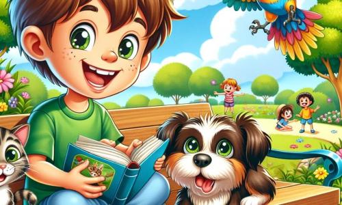 Un niño de 10 años, Lucas, con cabello castaño despeinado y ojos llenos de curiosidad, está sentado en un banco en un parque soleado. Sonríe ampliamente, sosteniendo un libro de cuentos en sus manos, mientras un pequeño perro de orejas caídas, Max, se encuentra a sus pies, mirándolo con ojos entusiastas. Junto a ellos, un gato atigrado llamado Miau, con pelaje rayado y ojos verdes brillantes, está posado en el respaldo del banco, con una expresión traviesa, listo para saltar. Un loro colorido, Lalo, con plumas rojas y amarillas brillantes, vuela sobre ellos, haciendo piruetas en el aire. El parque está lleno de flores coloridas, árboles verdes y un cielo azul claro salpicado de nubes blancas y esponjosas. A lo lejos, niños juegan y ríen, añadiendo un ambiente alegre a la escena. La situación principal muestra a Lucas y Max preparando una obra de teatro con sus amigos animales, todos riendo y divirtiéndose juntos, mientras Lucas lee en voz alta historias divertidas que hacen reír a todos.