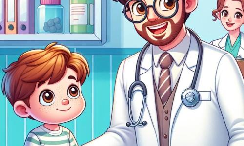 Het hoofdpersonage is dokter Lucas, een man van ongeveer dertig jaar met bruin haar en ronde bril. Hij draagt een witte schort, een stethoscoop om zijn nek en toont een grote warme glimlach, wat zijn enthousiasme en vriendelijkheid laat zien. Hij onderzoekt een jonge jongen genaamd Tim, die ongeveer 8 jaar oud is, met een bleek gezicht en vermoeide ogen. Tim zit op de onderzoekstafel, houdt een knuffel in zijn armen en kijkt met een mengeling van bezorgdheid en hoop naar de dokter. In de kamer is ook Anna, de assistente van de dokter, een jonge vrouw van in de twintig met blond haar in een bun. Ze staat bij een rek vol medische benodigdheden, houdt een dossier vast en observeert de scène aandachtig, klaar om te helpen indien nodig. De scène speelt zich af in een lichte en uitnodigende kliniek met lichtblauwe muren en kindertekeningen aan de muur, wat een warme en geruststellende sfeer creëert. Kleurrijke speeltjes liggen verspreid over de vloer, en een raam laat zonlicht binnen, dat de kamer verlicht. De belangrijkste situatie toont dokter Lucas die Tim geruststelt terwijl hij een medisch onderzoek uitvoert, zachtjes uitleg geeft over wat hij gaat doen om hem beter te laten voelen, terwijl Anna met een bemoedigende glimlach observeert, wat een sfeer van steun en zorg creëert.