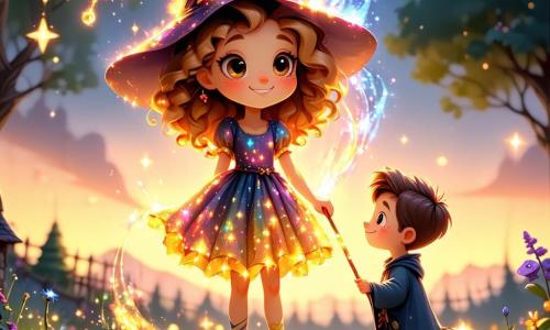 Clari, una aprendiz de bruja de cinco años, se encuentra en el centro de la imagen, con grandes ojos brillantes de curiosidad y cabello rizado dorado que cae sobre sus hombros. Lleva un vestido colorido adornado con estrellas brillantes y sostiene un bastón mágico reluciente, con una mirada maravillada, lista para descubrir los secretos de la magia. A su lado, Damián, su mejor amigo, un niño de cinco años con cabello castaño desordenado y una sonrisa radiante, observa con admiración, con las manos en las caderas, de pie sobre una alfombra de hojas doradas. En el fondo, la escena se desarrolla en un bosque encantado, donde grandes árboles de troncos retorcidos se elevan hacia el cielo, sus hojas brillan en mil colores bajo la luz de un sol radiante. Flores multicolores crecen a su alrededor, y animales curiosos, como un pequeño zorro y un búho sabio, los miran con ojos chispeantes. La situación principal muestra a Clari y Damián descubriendo una puerta mágica oculta en un gran roble, iluminada por un suave resplandor dorado. Clari, emocionada, se inclina para tocar la puerta con su bastón, mientras Damián, intrigado, señala los símbolos misteriosos que la adornan.