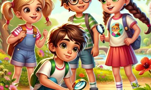 En un parque soleado, cuatro pequeños aventureros están reunidos. Lucas, un niño de 8 años con el cabello castaño desordenado y ojos brillantes, sostiene una lupa en su mano derecha, observando un arbusto misterioso. A su izquierda, Valentina, una niña de 7 años con largas trenzas rubias y una sonrisa radiante, señala el mismo arbusto con curiosidad. Tomás, un niño de 8 años con gafas redondas y cabello negro, está agachado cerca de ellos, sosteniendo una pequeña caja de madera que acaba de descubrir, con una expresión de asombro. Finalmente, Sofía, una niña de 7 años con trenzas marrones y una camiseta colorida, se encuentra detrás de ellos, con los brazos cruzados y una expresión decidida. El parque está lleno de flores coloridas, grandes árboles verdes y un pequeño estanque donde nadan patos. El cielo es de un azul brillante, salpicado de algunas nubes blancas y esponjosas. A lo lejos, se dibuja una colina, añadiendo un toque de misterio al entorno. Los pequeños aventureros acaban de descubrir un arbusto extraño que oculta una caja de madera, y están a punto de abrirla para revelar un secreto que podría llevarlos a una nueva aventura.