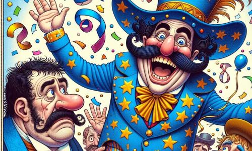In het midden van de afbeelding zweeft Flip Flapman, een man van rond de dertig, met een grote stralende glimlach en een grappige snor. Hij draagt een grote gekleurde hoed met confetti-motieven en een heldere blauwe kostuum met gouden sterren. Hij lacht vrolijk terwijl er een regen van kleurrijke confetti om hem heen valt. Rechts van hem probeert Boef, een man van rond de veertig met een ondeugend gezicht en rommelig haar, een net van confetti van zijn hoofd te krijgen, terwijl hij Flip met een mix van verrassing en frustratie aankijkt. Links is Bob, een man van rond de dertig, die stukjes taart uit de lucht aan het oprapen is met een verwarde blik en twee mismatched schoenen. De scène speelt zich af in de charmante stad Kleurendaal, met kleurrijke huizen, bloeiende bomen en kinderen die lachen en spelen in de straten, verwonderd door het spektakel. Het hoofdthema toont Flip Flapman die in de lucht zweeft en confetti en taart laat vallen, terwijl Boef en Bob, de twee onhandige mannen, wanhopig proberen hun komische pech kwijt te raken.