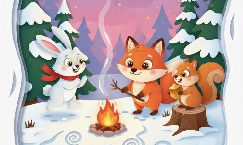 A small, round red fox with bright hazel eyes and a gentle smile stands on its hind legs writing a resolution in the snow with a stick; to its left a white rabbit with long soft ears and a mischievous gleam, wearing a small red scarf, jumps and applauds; to its right a fluffy brown squirrel with sparkling eyes perches on a low stump holding a large golden nut and watches the fox; they gather around a glowing campfire in a snowy spruce-cleared forest under a pink-and-violet twilight sky with small stars, sharing laughs and resolutions in a warm, festive paper-cut style with crisp outlines and vivid, contrasting colors.