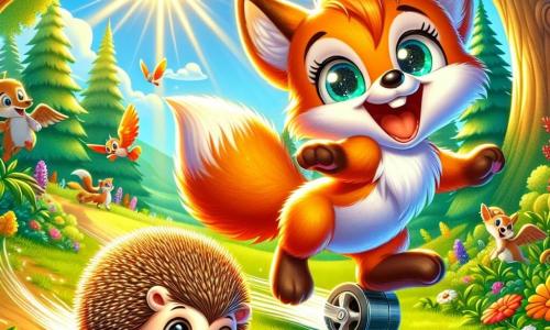 An illustration depicts a small bright orange fox with large sparkling eyes, laughing and jumping with joy, its fluffy tail swaying behind. Beside it is a small hedgehog with wheels instead of back legs, wearing a big excited smile as it rolls happily on the ground, its spines shining in the sun. In the background, a sunny clearing in a lush forest is filled with colorful flowers and majestic trees, with sunlight streaming through the leaves, creating a warm and inviting atmosphere. The main scene shows the fox and hedgehog playing together, the fox running alongside its fast-rolling friend, while other forest animals watch them with admiration, celebrating their unique friendship. Additional graphic elements include singing birds in the trees, butterflies fluttering around the flowers, and a blue sky dotted with fluffy white clouds, adding a touch of magic to this joyful scene.