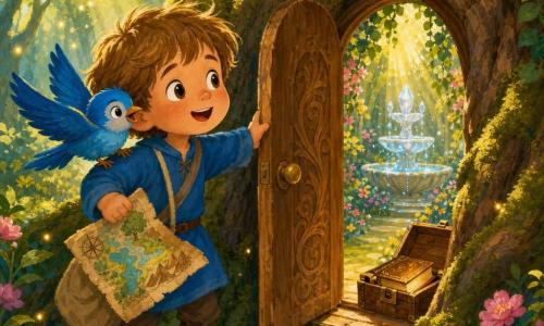 Un ragazzo di 4 anni, Luca, meravigliato e sorridente, capelli castano chiaro a ciocche morbide, occhi grandi e brillanti, con una tunica azzurra e una sacca di tela, apre con una mano una porta scolpita nel tronco di un grande albero e tiene con l’altra una vecchia mappa colorata; un uccello azzurro vivo, compagno gioioso, è posato sulla sua spalla destra con le ali leggermente spiegate che guardano verso l’interno dell’albero (nessun altro umano). La radura è magica: prato verde con fiori rosa e gialli, piccole lucciole dorate, raggi di sole tra le foglie, muschio morbido sulle radici e una fontana di cristallo che scintilla dietro la porta. Scena principale: il ragazzo apre la porta e scopre un giardino interno luminoso con una piccola cassa aperta contenente un vecchio libro dalle pagine dorate — atmosfera calda, colori saturi, texture di gouache umida visibili, tratti morbidi e contorni leggermente sfocati per un effetto infantile.