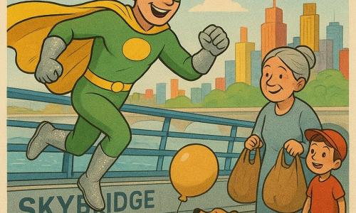 A smiling, energetic red-curly-haired superhero in a yellow-and-green mask, shiny yellow cape and sparkling silver boots jumps on the modernist Skybridge to rescue a small light-brown short-haired dog near a floating round balloon; a ~5-year-old boy with short brown hair and a red hat watches with amazement and joy from the bridge railing, an elderly woman with gray hair in a bun and simple clothes stands relieved holding heavy bags a few steps away; the bridge has a blue metal railing, silver panels and visible train rails, with a bright city of colorful towers and a river below; daytime warm light, vivid colors, soft shadows, centered composition, clean lines, saturated palette and newspaper-grain texture create a cheerful, reassuring atmosphere.