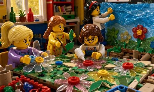 Vier Mädchen, etwa 7 Jahre: Emma mit blondem Pferdeschwanz sitzt links und klebt transparente Plastikblüten, Maja mit hellbraunem Zopf und gelbem Farbfleckkleid sitzt rechts und bemalt grünen Karton als Blätter, Leni mit kurzen braunen Haaren und runden Brillen sitzt vorn und klebt bunte Flaschenverschlüsse in die Blütenzentren, Aylin mit langem schwarzen Haar und rotem Stirnband steht hinten am Fenster und befestigt ein großes blaues Plastikblatt als Himmel; helle LEGO-Klassenzimmerkulisse mit großer Tischplatte, offenen Kisten voller kleiner Steine, Fenster mit gelber LEGO-Sonne, Tafel mit Blumenzeichnung und Poster „Kreativ mit Altglas“; die Kinder bauen eine Blumenwiese aus recycelten Materialien (transparente Plastikstreifen als Blüten, bunte Verschlüsse als Zentren, grüne LEGO-Stiele auf Karton) — Nahaufnahme von LEGO-Händen beim Kleben, farbige Bruchteile und ein Brief mit Briefmarke auf dem Tisch, der auf einen Brief an einen Verein hindeutet.