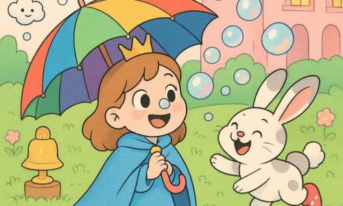 Principessa Pina, bambina dal largo sorriso e occhi tondi, con piccola corona dorata e mantello azzurro, tiene aperto un Ombrello-Arcobaleno e guarda stupita una bolla sul naso; accanto a lei, a destra, Fufi il coniglio fatato dal pelo bianco punteggiato di grigio con scarpine a pois rossi salta ridendo; il MeteoCampanello, piccolo oggetto d'oro su piedistallo, emette nuvolette sorridenti, mentre la Goccia Capricciosa con cappellino blu cade in bolle di sapone iridescenti; soldatini di marzapane color nocciola avanzano cauti su un ponte scivoloso coperto di tappeti di nuvole; sullo sfondo un castello pastello di zucchero rosa con finestre tonde e luce gialla, e un ponte di legno che conduce al giardino morbido pieno di fiori soffici; scena principale: Pina protegge i soldatini con il suo ombrello arcobaleno mentre bolle brillanti cadono intorno, atmosfera gioiosa, colori vivaci e texture morbide.