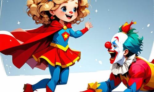 Lotte, een jong meisje met krullend goudkleurig haar, draagt een kleurrijk superheldenkostuum met een wapperende rode cape. Ze heeft een grote glimlach op haar gezicht en danst speels om een slechte clown af te leiden. De clown, een man van ongeveer dertig met een wit geschilderd gezicht en een rode neus, ligt op de grond en lacht wanhopig terwijl hij probeert op te staan, zijn kleurrijke en mismatched kleding voegt toe aan zijn komische uiterlijk. Sam, een 10-jarig jongetje met een bril en messy bruin haar, staat naast Lotte, lacht en applaudisseert, terwijl Noor, een 9-jarig meisje met vlechten en een bloemenjurk, iets verder weg staat met haar handen op haar heupen en een samenzweerderige glimlach. De scène speelt zich af op een levendig dorpsplein, omringd door kleurrijke circusstands, zwevende ballonnen en verwonderde toeschouwers die applaudisseren en lachen. Knipperende lichten verlichten de blauwe lucht, wat een feestelijke en vrolijke sfeer creëert. In deze hoofdscène gebruikt Lotte haar danstalenten om de onhandige clown af te leiden, waardoor een gespannen moment verandert in een hilarische scène van lachen en vriendschap.