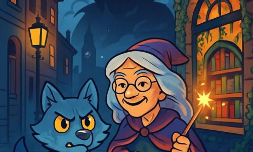 In een donkere steeg in Londen kijkt een kleine wolf met glanzende ogen en grijs-blauwe vacht, Lupin, vastberaden om zich te verdedigen, met zijn oren omhoog en zijn snuit iets opgetrokken. Naast hem staat een oude heks met een rimpelig gezicht, Arabella, met zilvergrijze haren en een kleurrijke jurk, die wijs glimlacht en een schitterende toverstok vasthoudt, klaar om een spreuk uit te spreken. Op de achtergrond staat een oude bibliotheek met muren bedekt met klimop en stoffige boeken, verlicht door het schijnsel van lantaarns, wat een mysterieuze sfeer creëert. De scène toont Lupin en Arabella die zich voorbereiden om een dreigende schaduw te confronteren die uit de mist opdoemt, wat het gevaar symboliseert dat boven de stad hangt.